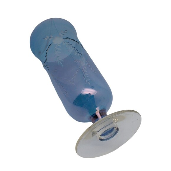 Vintage Iridescent Blue Stemmed Flute Vase Frosted Etched Floral With Leaves - Picture 3 of 5